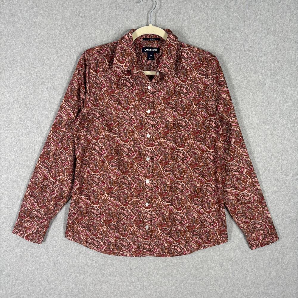 Lands End Shirt Womens Medium 10 Paisley Burgundy‎ No Iron Supima Cotton Button